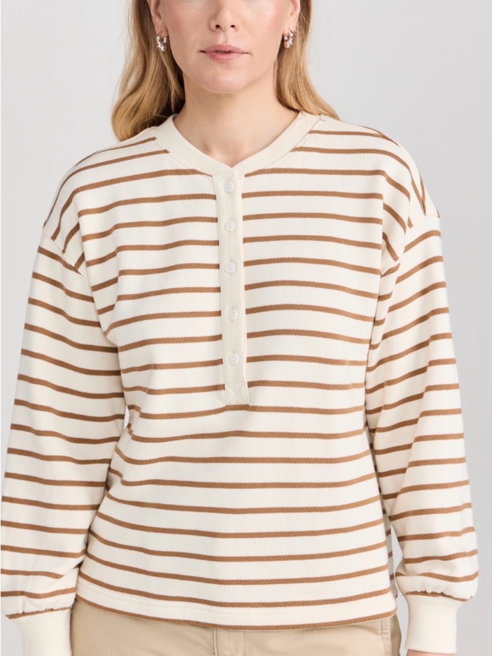 Rails Cream & Brown Striped Henley Top - Picture 2 of 6